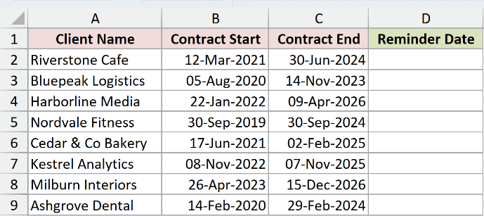 Contract dataset in Excel where a reminder date 45 days before each contract end is needed