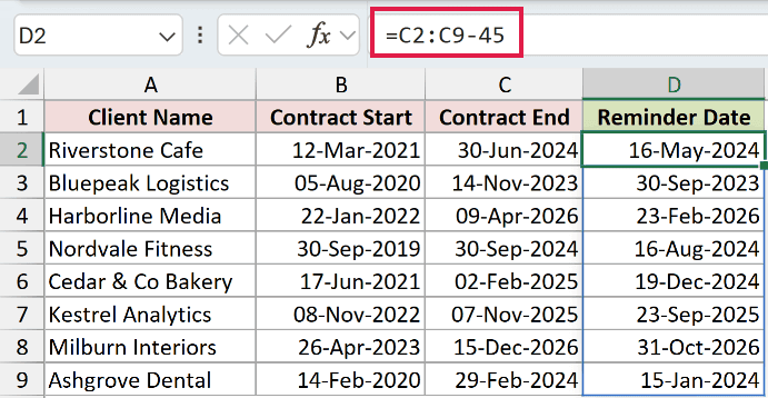 Formula subtracting 45 days from the contract end dates to get the reminder date for each contract