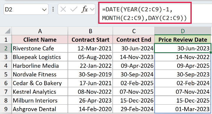 DATE formula rebuilding each contract end date one year earlier using YEAR, MONTH and DAY