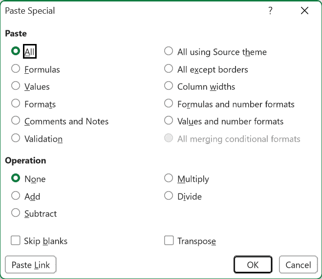 The Paste Special dialog box opened with Ctrl Alt V over the selected dates
