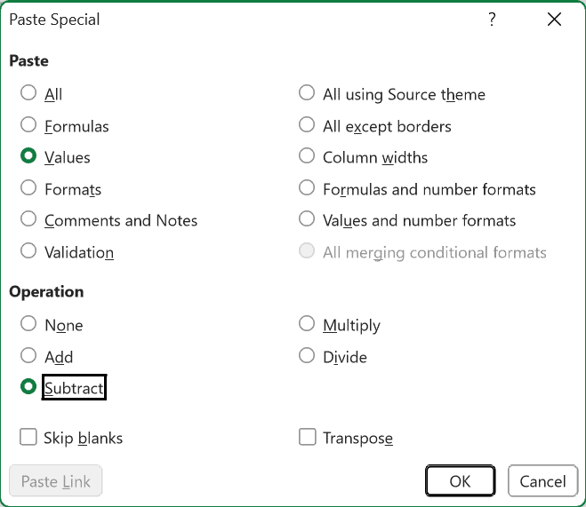 Paste Special dialog with Values selected under Paste and Subtract selected under Operation