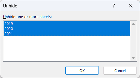 The Unhide dialog has the 2019, 2020, and 2021 worksheets selected together.