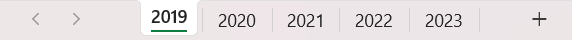 All five model-year worksheet tabs from 2019 through 2023 are visible.