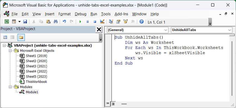 The UnhideAllTabs macro is pasted into a standard module in the Visual Basic Editor.