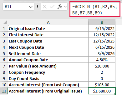 =ACCRINT(B1,B2,B5,B6,B7,B8,B9) in B11