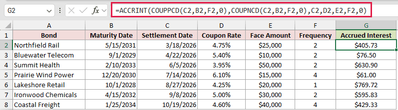 =ACCRINT(COUPPCD(C2,B2,F2,0),COUPNCD(C2,B2,F2,0),C2,D2,E2,F2,0) in G2