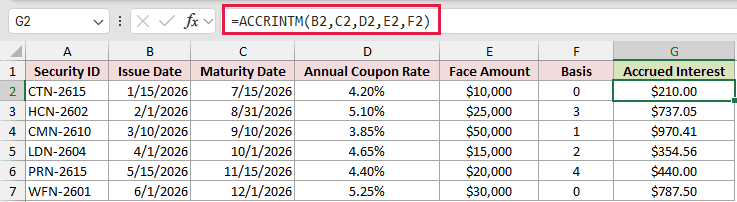 =ACCRINTM(B2,C2,D2,E2,F2) in G2