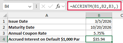 =ACCRINTM(B1,B2,B3,) in B4
