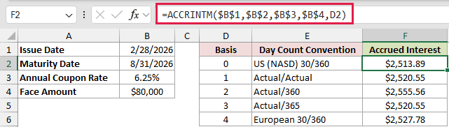 =ACCRINTM($B$1,$B$2,$B$3,$B$4,D2) in F2