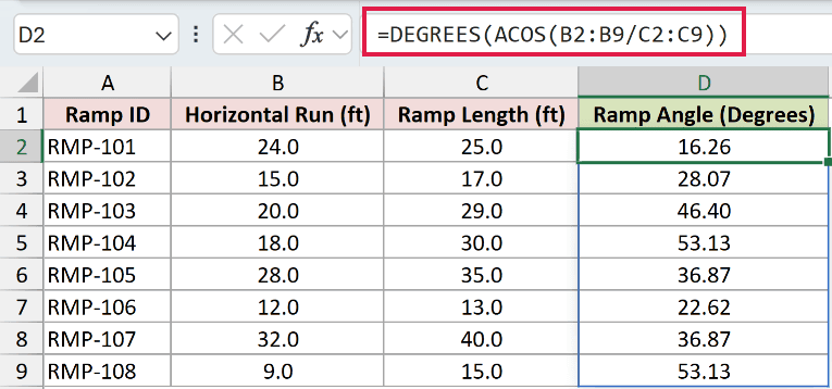 =DEGREES(ACOS(B2:B9/C2:C9)) in D2