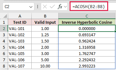 =ACOSH(B2:B8) in C2