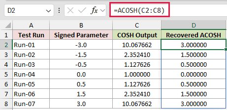 =ACOSH(C2:C8) in D2