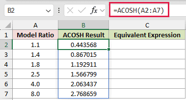 =ACOSH(A2:A7) in B2