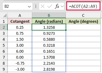 =ACOT(A2:A9) in B2