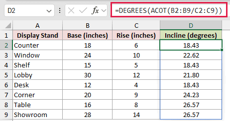 =DEGREES(ACOT(B2:B9/C2:C9)) in D2