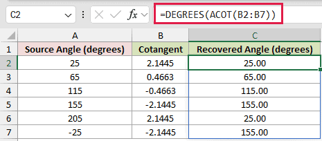 =DEGREES(ACOT(B2:B7)) in C2
