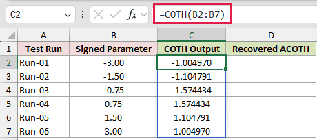 =COTH(B2:B7) in C2