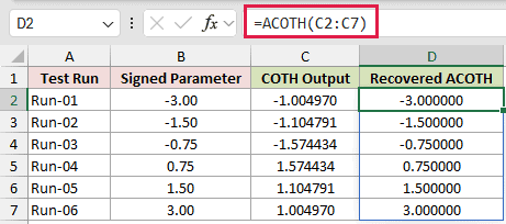 =ACOTH(C2:C7) in D2
