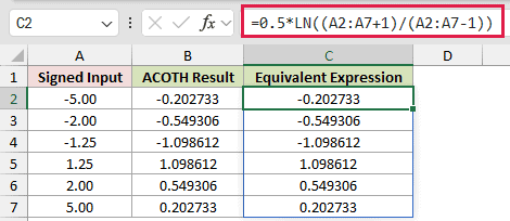 =0.5*LN((A2:A7+1)/(A2:A7-1)) in C2