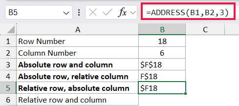 =ADDRESS(B1,B2,3) in B5