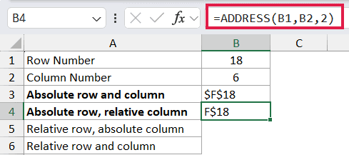 =ADDRESS(B1,B2,2) in B4
