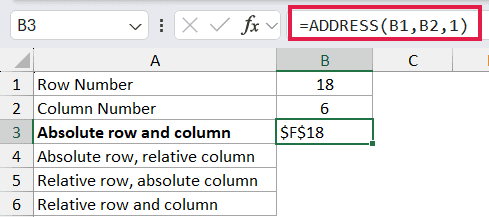 =ADDRESS(B1,B2,1) in B3