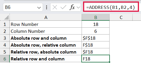 =ADDRESS(B1,B2,4) in B6