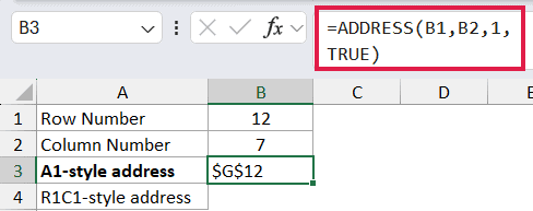 =ADDRESS(B1,B2,1,TRUE) in B3