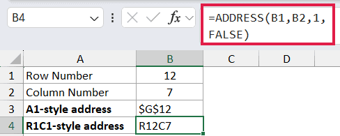 =ADDRESS(B1,B2,1,FALSE) in B4
