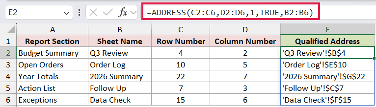 =ADDRESS(C2:C6,D2:D6,1,TRUE,B2:B6) in E2