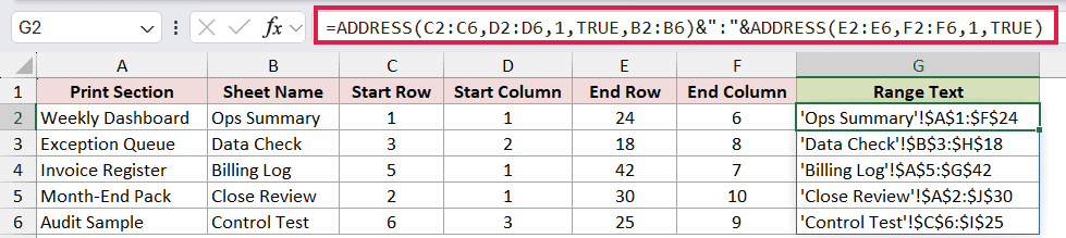 =ADDRESS(C2:C6,D2:D6,1,TRUE,B2:B6)&":"&ADDRESS(E2:E6,F2:F6,1,TRUE) in G2