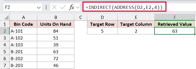 =INDIRECT(ADDRESS(D2,E2,4)) in F2