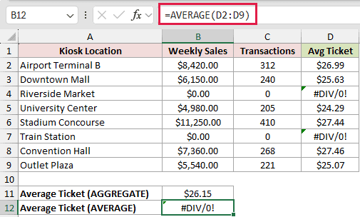 =AVERAGE(D2:D9) in B12