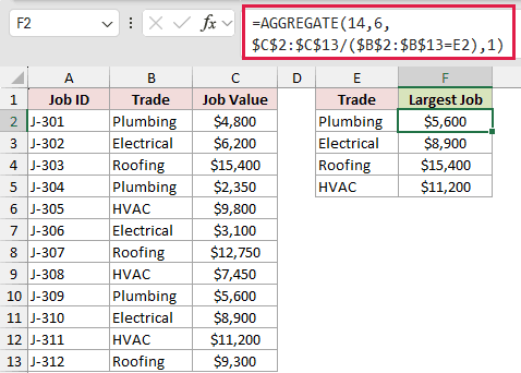 =AGGREGATE(14,6,$C$2:$C$13/($B$2:$B$13=E2),1) in F2