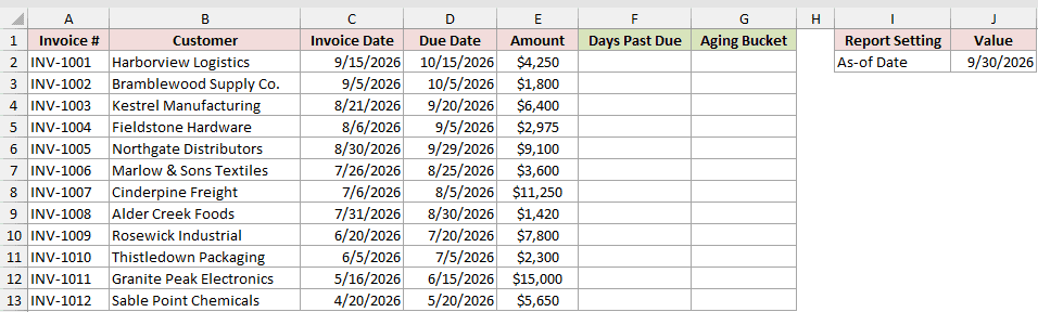 Twelve unpaid invoices with invoice dates, due dates, amounts, and a fixed As-of Date of 9/30/2026 in J2.
