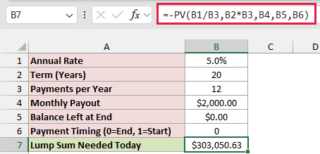PV formula returning a lump sum of $303,050.63