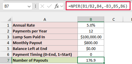 NPER formula returning 176.9 monthly payouts
