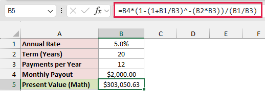 Present value of an annuity math formula returning $303,050.63