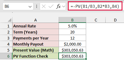 PV function check returning the same $303,050.63