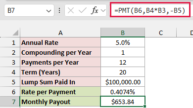 PMT with the converted rate returning $653.84 a month