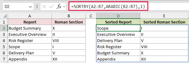 =SORTBY(A2:B7,ARABIC(B2:B7),1) in D2