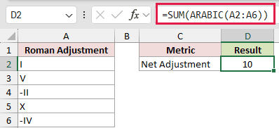 =SUM(ARABIC(A2:A6)) in D2