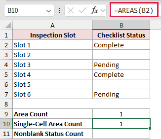 =AREAS(B2) in B10