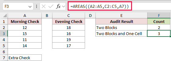 =AREAS((A2:A5,C2:C5,A7)) in F3