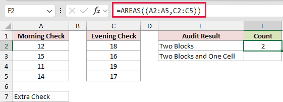 =AREAS((A2:A5,C2:C5)) in F2