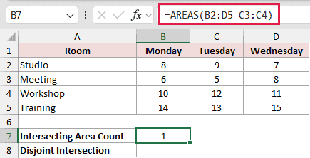 =AREAS(B2:D5 C3:C4) in B7