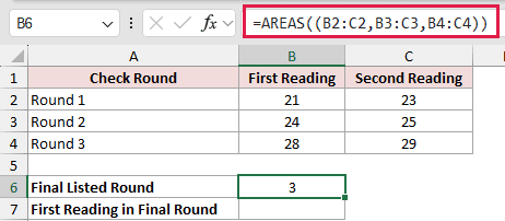 =AREAS((B2:C2,B3:C3,B4:C4)) in B6