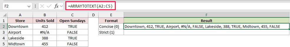 =ARRAYTOTEXT(A2:C5) in F2