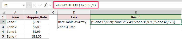 =ARRAYTOTEXT(A2:B5,1) in E2