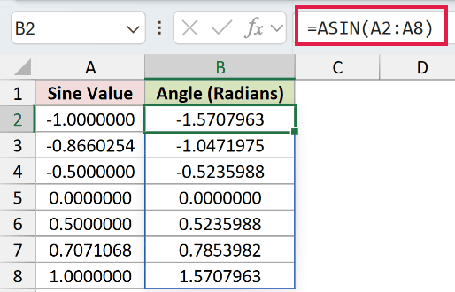=ASIN(A2:A8) in B2
